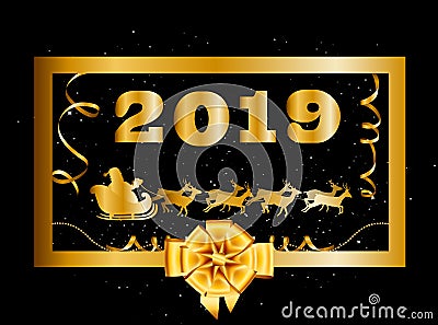 Vector 2019 Happy New Year and Christmas background with golden gift bow and Santa Claus Vector Illustration