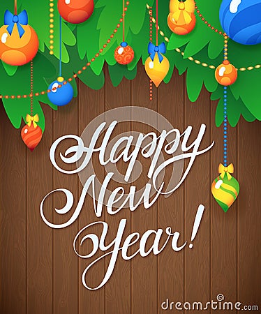Vector Happy New Year Message and objects on wood background. Vector Illustration