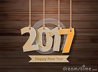 Vector 2017 happy new year paper hanging on wood Vector Illustration