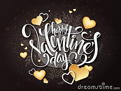 Vector happy valentines day lettering with golden hearts Vector Illustration