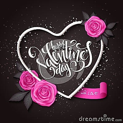 Vector happy valentines day lettering with heart shaped frame, rose and banner Vector Illustration