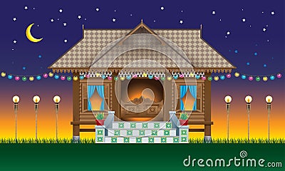 A beautiful traditional wooden Malay style village house. Vector Illustration