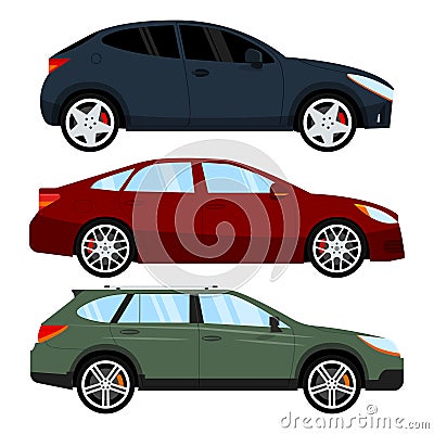 Vector hatchback, sedan and universal car. Set of different passenger vehicle. Isolated on white background. Vector Illustration