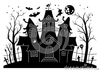 Vector haunted house black and white illustration. Halloween background with silhouette of spooky cottage with big moon, ghosts, Vector Illustration