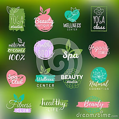 Vector health and beauty care labels. Spa, yoga centers badges. Wellness signs. Hand drawn tags and elements. Vector Illustration