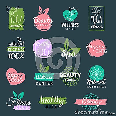 Vector health and beauty care labels. Spa, yoga centers badges. Wellness signs. Hand drawn tags and elements. Vector Illustration