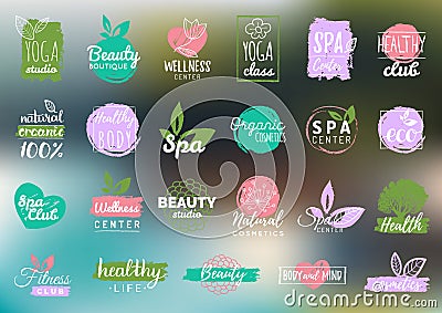 Vector health and beauty care labels. Spa, yoga centers badges. Wellness signs. Hand drawn tags and elements. Vector Illustration