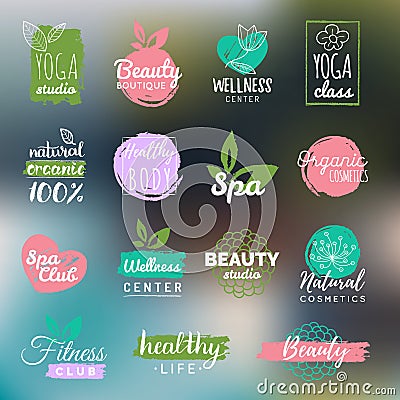 Vector health and beauty care labels. Spa, yoga centers badges. Wellness signs. Hand drawn tags and elements. Vector Illustration