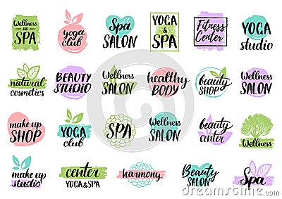 Vector health and beauty care labels. Spa, yoga centers badges. Wellness signs. Hand drawn tags and elements. Vector Illustration
