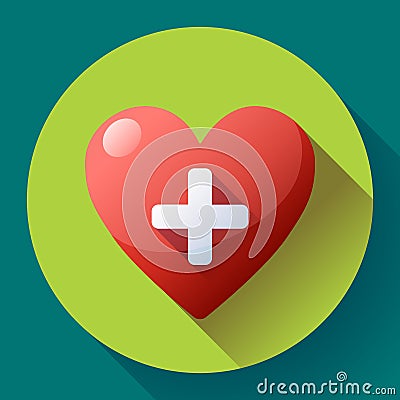 Vector health care icon, white cross in red heart Vector Illustration