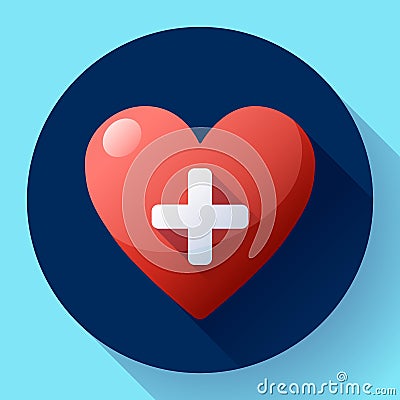 Vector health care icon, white cross in red heart Vector Illustration