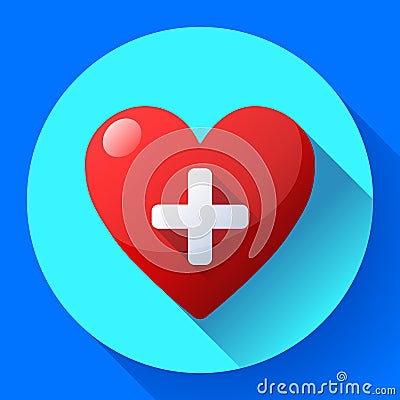 Vector health care icon, white cross in red heart Vector Illustration
