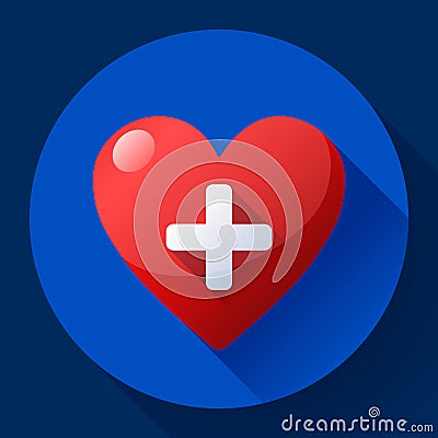 Vector health care icon, white cross in red heart Vector Illustration