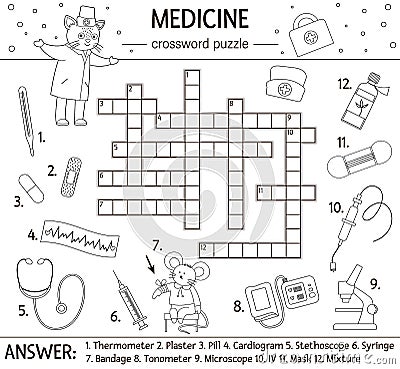 Vector health care outline crossword puzzle. Medicine quiz for children. Educational holiday activity with cute medical equipment Vector Illustration