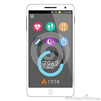 Vector Health And Fitness Smart Phone Application Featuring Taskbar, Step Counter, Burned Calorie Counter, and Six Buttons Vector Illustration