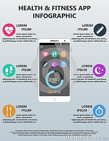 Vector Health And Fitness Smart Phone Application Infographic Featuring Six Buttons With Corresponding Information Areas Vector Illustration