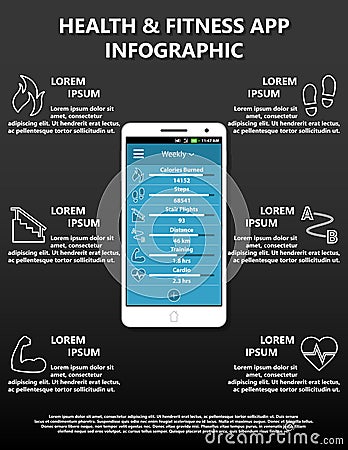 Vector Health And Fitness Smart Phone Application Infographic Featuring Six Trackers Vector Illustration