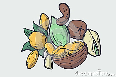 Vector healthy food illustration. Nuts hand drawn sign. Good for leaflets, cards, posters, prints, menu. Cartoon Illustration