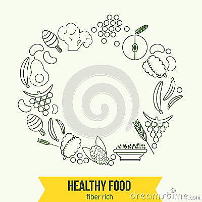 Vector healthy rich fiber foods line icons wreath Vector Illustration