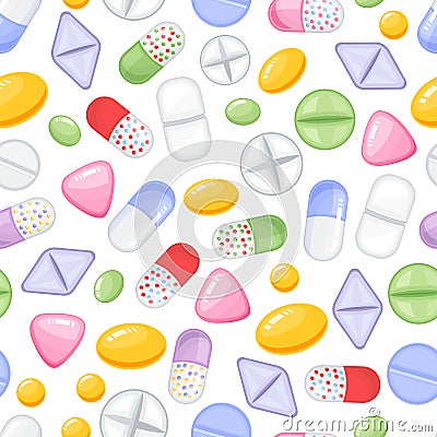 Vector heap of tablets and capsules. Seamless pattern tile Vector Illustration