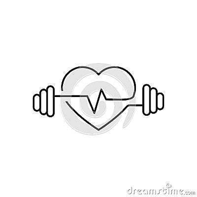 Vector heart outline, dumbbells and a cardiogram. Icon symbolizing health sport. Lifestyle. Line art Stock Photo