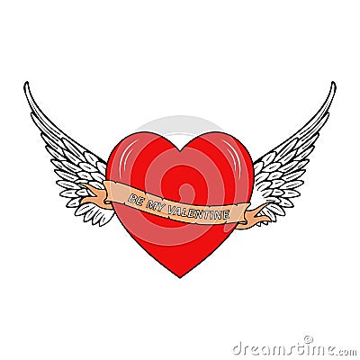 Vector heart with wings and text be my Valentine on ribbon. Design for Valentines Day. Isolated on white background. Vector Illustration