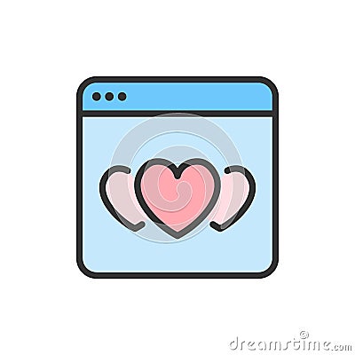 Vector hearts in browser, favorite website, positive feedback color line icon. Vector Illustration