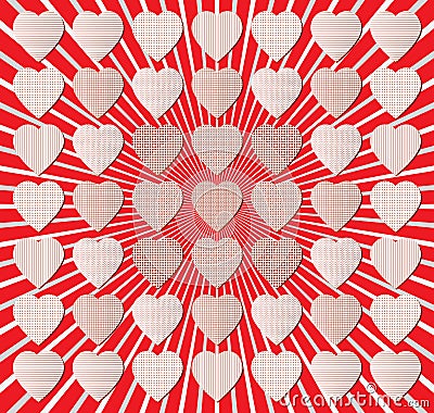 Vector hearts with different universal patterns in bright radial red, gray background. Holiday decorations Vector Illustration