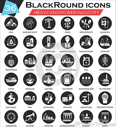 Vector Heavy and power industry circle white black icon set. Ultra modern icon design for web. Vector Illustration