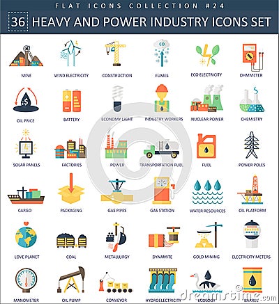 Vector heavy and power industry color flat icon set. Elegant style design. Vector Illustration