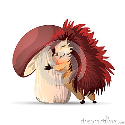 Vector hedgehog.Cute hedgehog hugs a big white mushroom. Hedgehogs vector illustration. Cartoon characters Cartoon Illustration