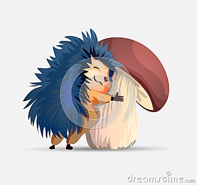 Vector hedgehog.Cute hedgehog hugs a big white mushroom. Hedgehogs vector illustration. Cartoon characters Vector Illustration