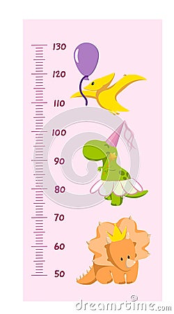 Vector height wall chart for girls decorated with cartoon dinosaurs - triceratops, tyrannosaurus, pterodactylus, stegosaurus - and Stock Photo