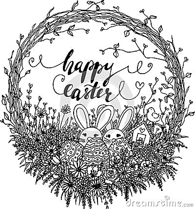 Vector hello easter wreath illustration. black and white easter clipart with easter bunny, eggs, flowers, leaves, branches. Vector Illustration