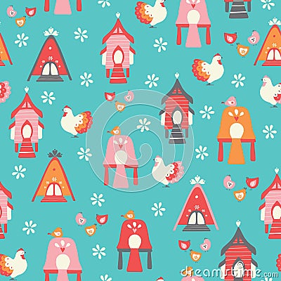 Vector hens and houses seamless repeat pattern Stock Photo