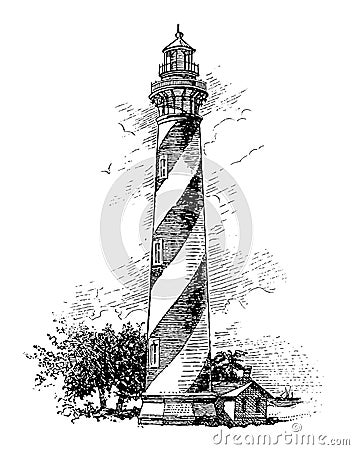 Vector High Detail Vintage Lighthouse Engraving Vector Illustration