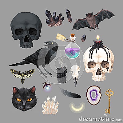 Vector high detailed black magic supplies set Vector Illustration