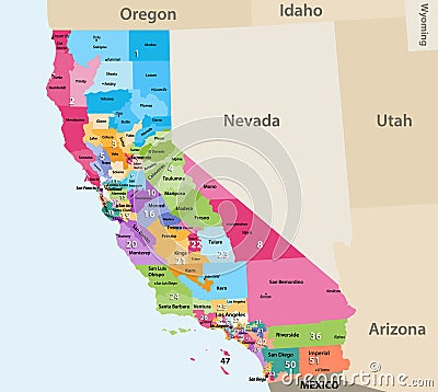 Vector high detailed map of California`s Congressional districts since 2013 Vector Illustration