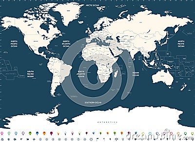 Vector high detailed world political map with countries and oceans Vector Illustration