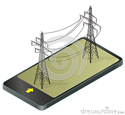 Vector high voltage pylons in mobile phone, isometric perspective. Vector Illustration