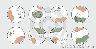 Vector highlight story cover icons for social media. Abstract minimal organic circle backgrounds with tropical leaves Vector Illustration