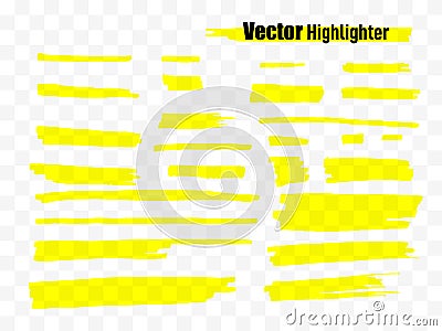 Highlighter brush set. Vector hand drawn yellow highlight marker stripes. Vector Illustration