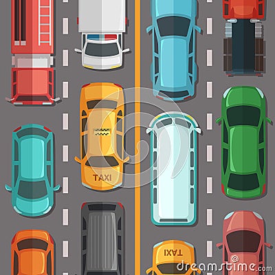 Vector highway road with cars and vehicles top view illustration Vector Illustration