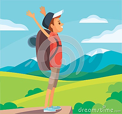 Vector hiker traveller stands on the edge of cliff with a panoramic view on green valley. Vector Illustration