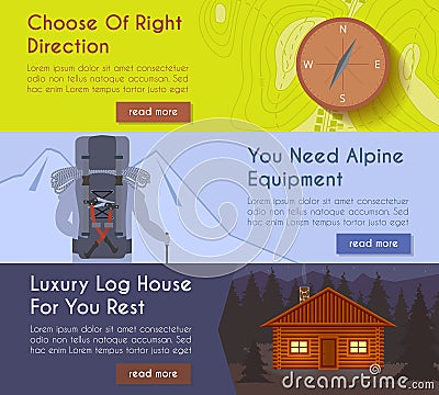 Vector hiking banners - compass and tourist map, hiking equipment, log house Vector Illustration