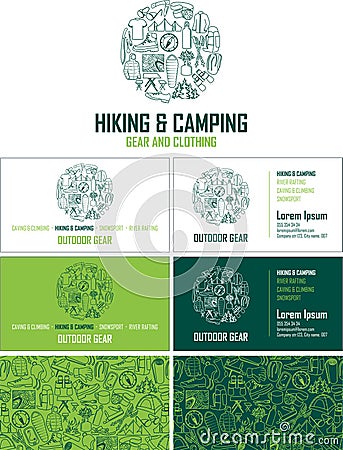 Vector hiking and camping gear visiting card. Business card set with abstract seamless background pattern. Vector Illustration