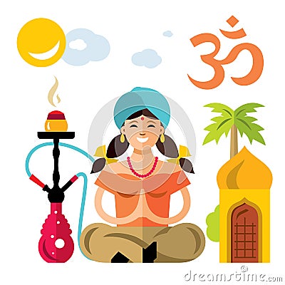 Vector Hindu woman with hookah. Flat style colorful Cartoon illustration. Vector Illustration