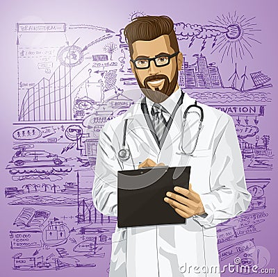 Vector Hipster Doctor Man With Clipboard Vector Illustration