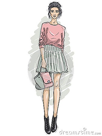 Vector hipster girl dressed in sweatshirt, skirt and ankle boots, holds fashionable bag in her hand, color sketch Vector Illustration