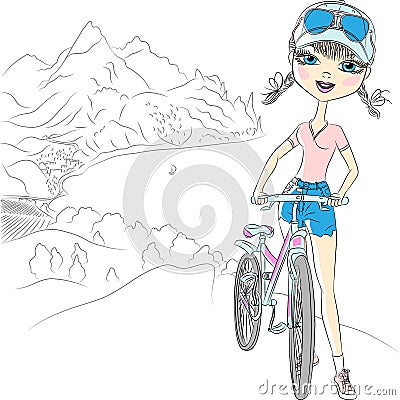 Vector hipster girl tourist with bicycle Vector Illustration